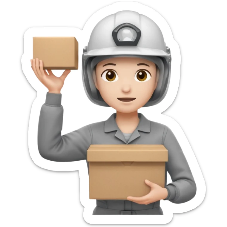 Tengo que dar una capacitacion de orgonomia, necesito un emoji de un operario con casco blanco y buzo gris de manga larga que levante una caja cerrada con las dos manos a la altura de los hombros y que tenga cara de esfuerzo fisico. Que no este saludando, las dos manos sosteniendo la caja sticker