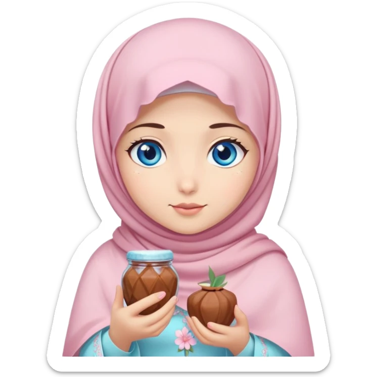 Turkish beautiful finish Konya girl blue eyes with pastel sakura hijab islamic dress and had on her hand dates sticker
