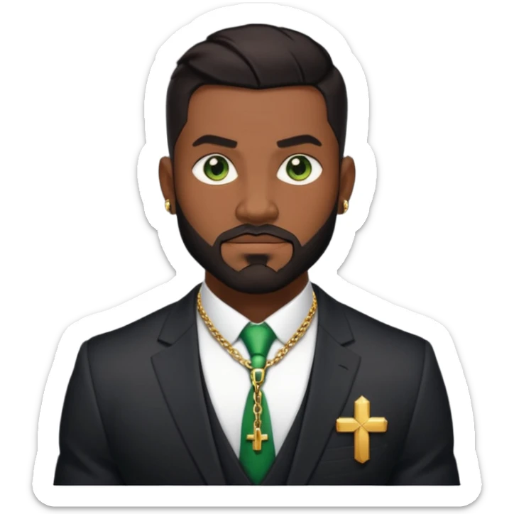 green eyes, dark short hair, muscular shoulders, wide cross, gold chain, big lips big nose big eyes, masculine good looking, dark beard wearing a suit sticker