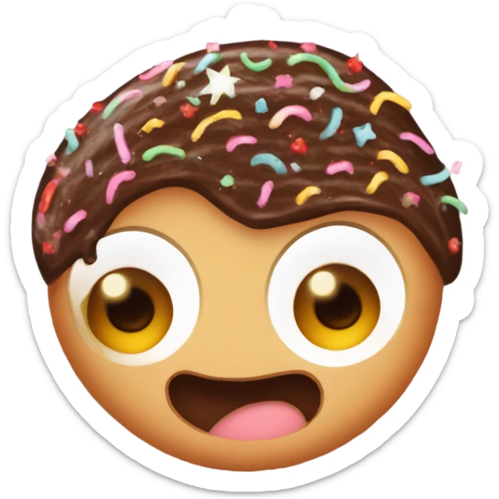 a chocolate swiss roll cake with frosting zigzags as hair and and 2 eyes and a mouth with sprinkle stars as freckles sticker