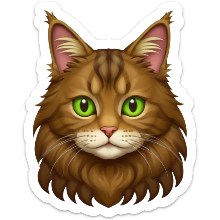 je veux un emoji chat main coon marron foncé  à poil long avec les yeux vert jaunes, en entier assis stp  sticker