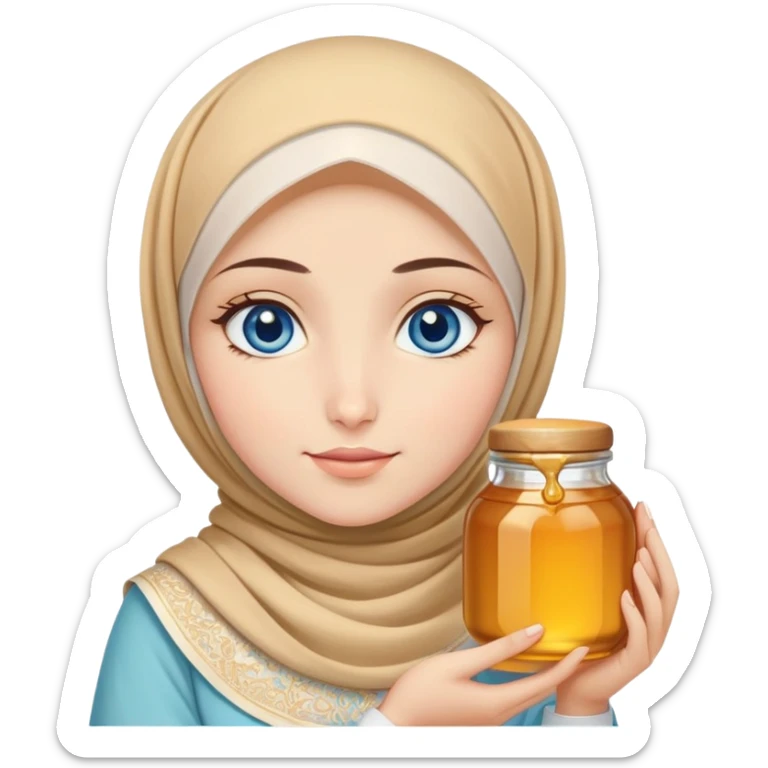 Turkish beautiful finish Konya girl blue eyes with honey pastel hijab islamic dress and had on her hand honey sticker