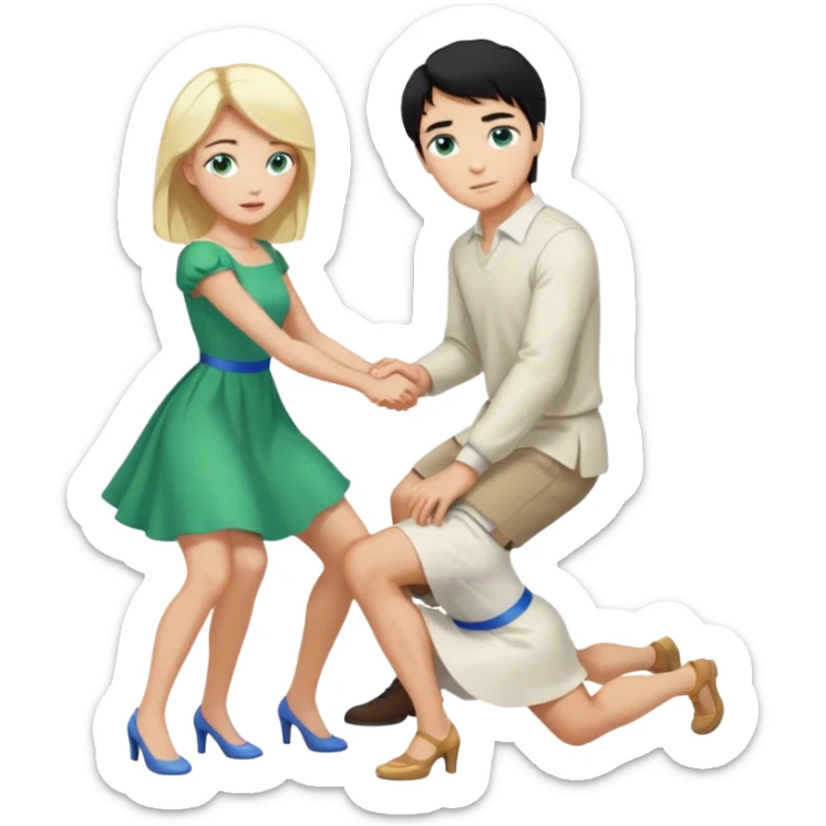 Man, black Hair, blue eyes, whole body, Woman, bending knees, blonde, green eyes, White Dress, sticker