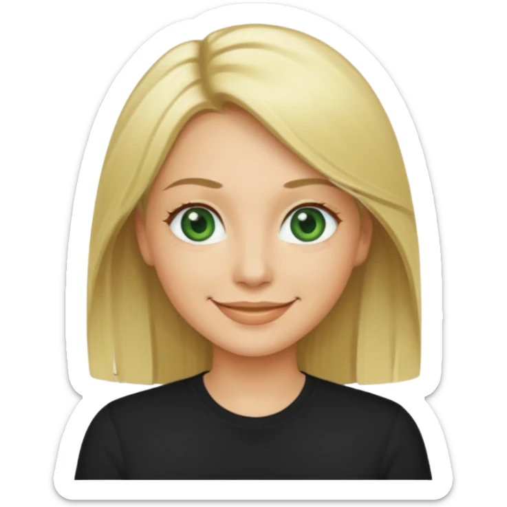 40 yr old blonde straight hair green eyes black shirt smiling sticker