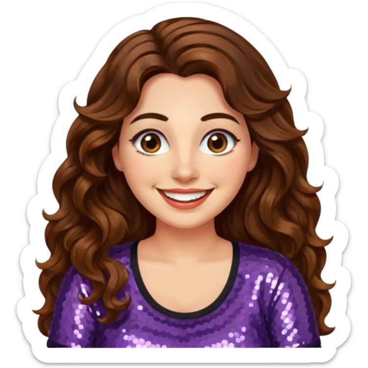 30 yr old italian woman, long brown wavy hair, big brown eyes, huge smile, sequin shirt, no bangs, a bit chubby sticker