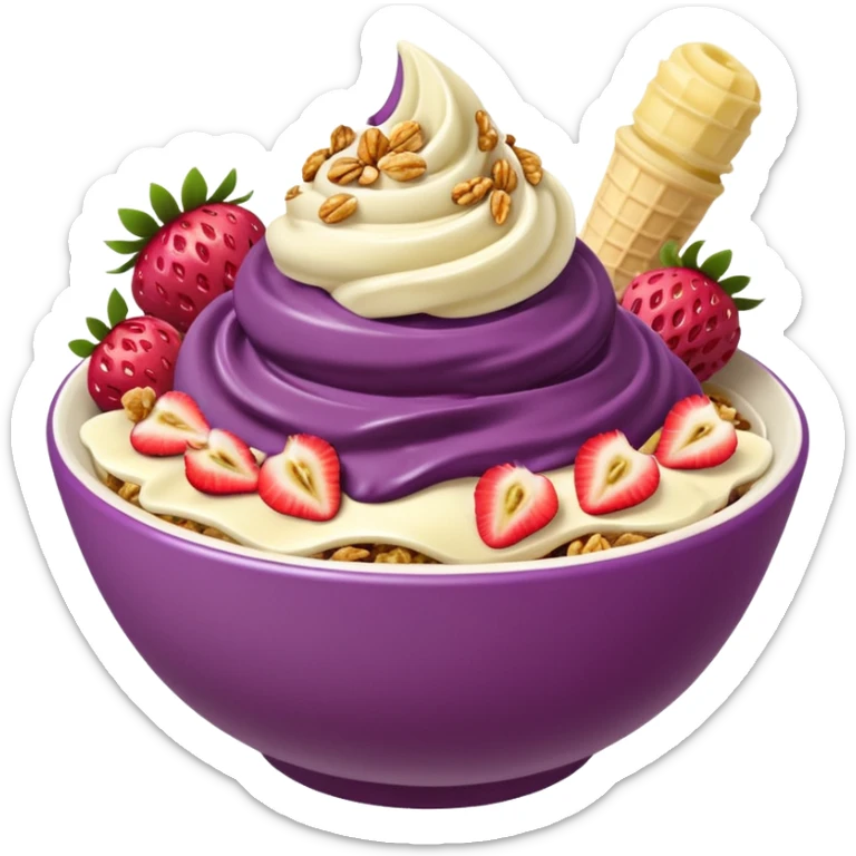 acai purple soft serve in a bowl strawberries and granola and chopped banana sticker
