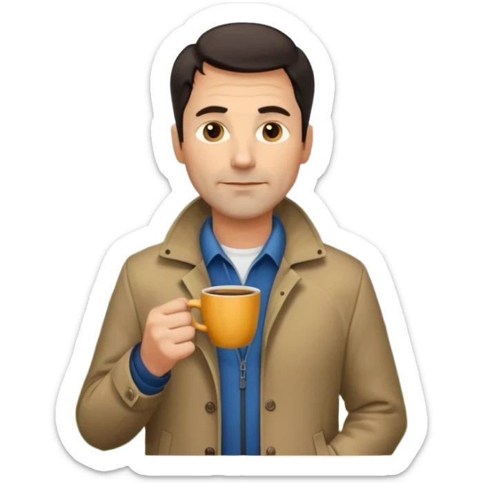 A handsome 45 year old white man with dark hair in a very foggy park drinking a cup of coffee sticker