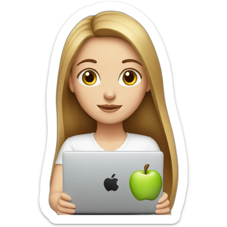 white girl with brown straight long hair and apple laptop sticker
