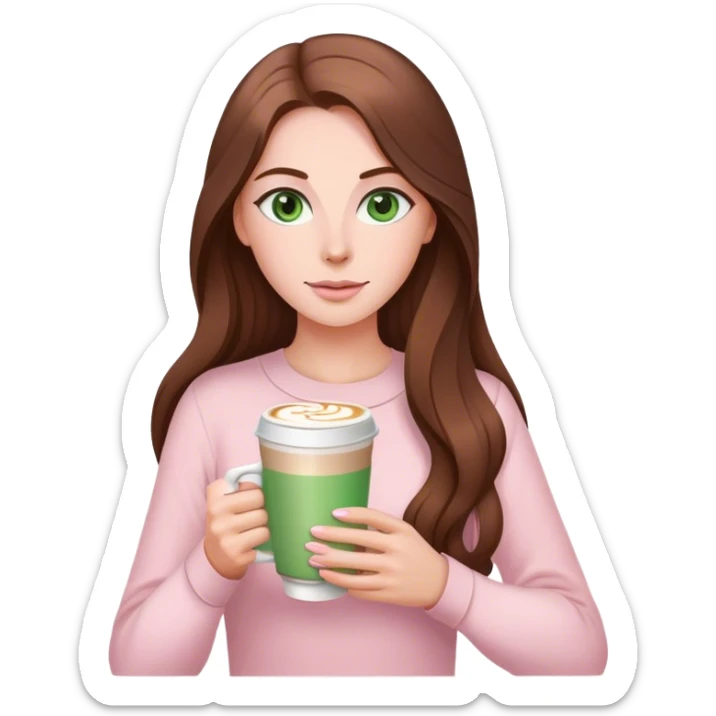 pretty woman with very long brown hair and green eyes and light pink outfit with a latte sticker