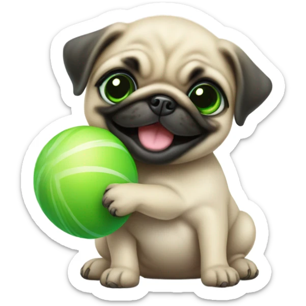 Cute Smiling Baby pug with green eyes playing with a green ball sticker