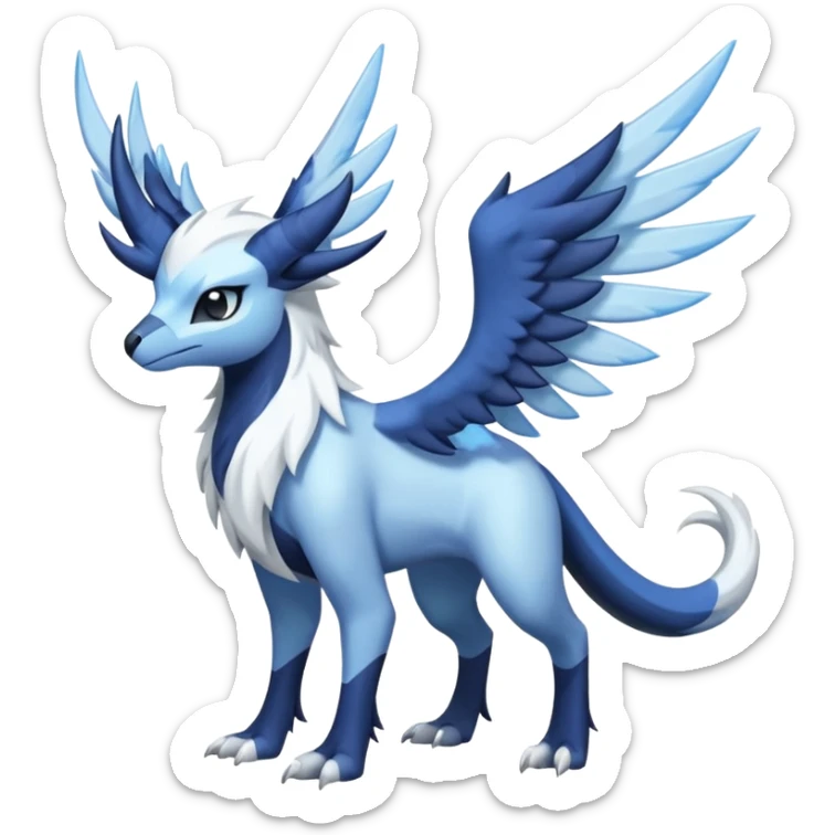 Icy Arctic Frost-Blue Pale-Shimmering Snow-Dusted Majestic Absol-Nargacuga-Meloetta-Latias-fusion-creature (full body) sticker