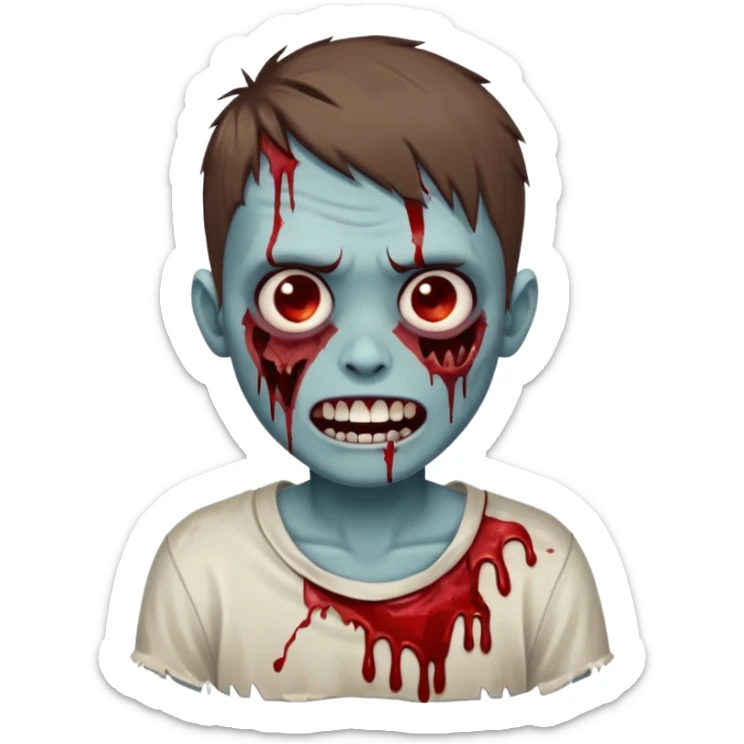 zombie boy with brown short hair, white skin, and white eyes; an open smile, and bloodied teeth; sticker
