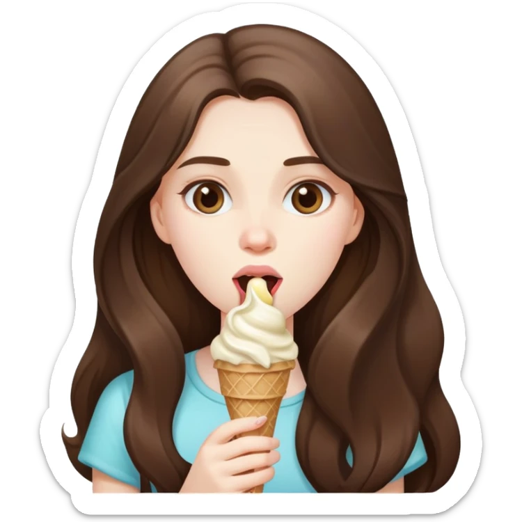 beautiful pale brunette girl with long hair eating an ice cream sticker