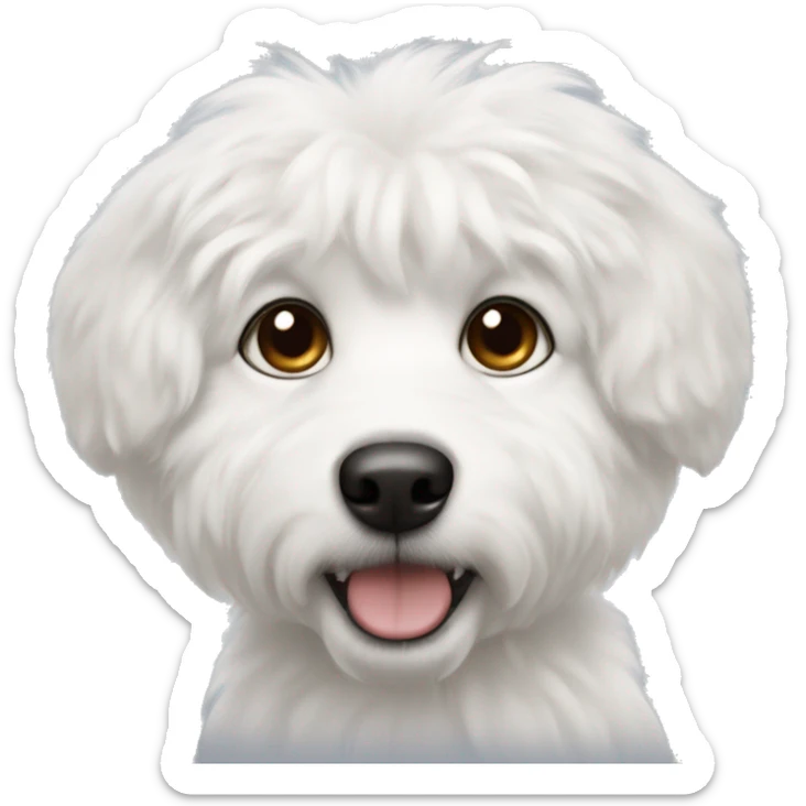 Fluffy white dog with black nose, brown spot on right eye and black left ear sticker
