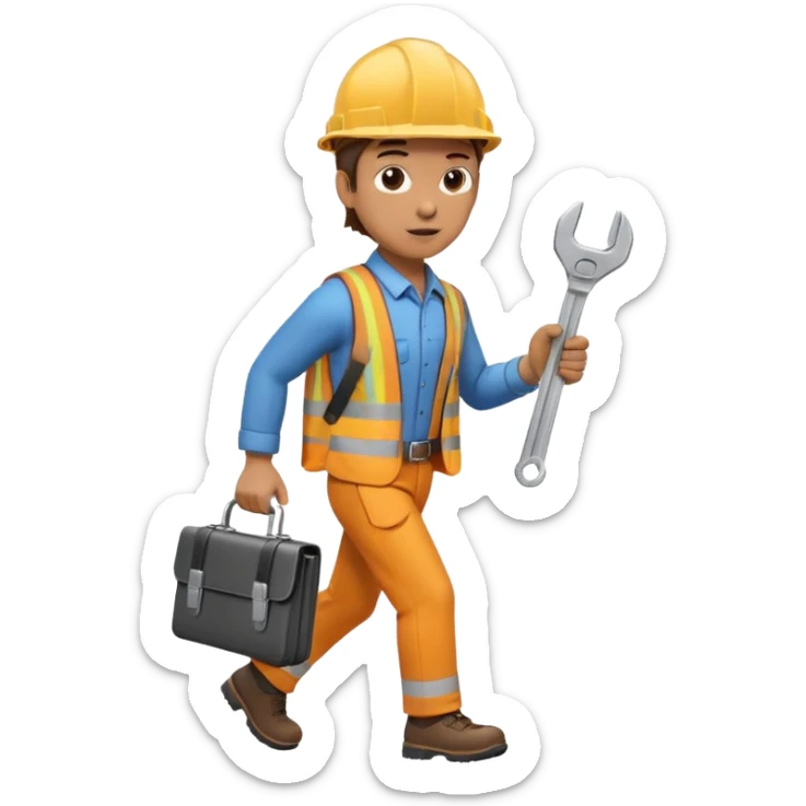 person wearing a hard hat or helmet, holding a wrench in one hand and a briefcase in the other, in a walking or running motion sticker