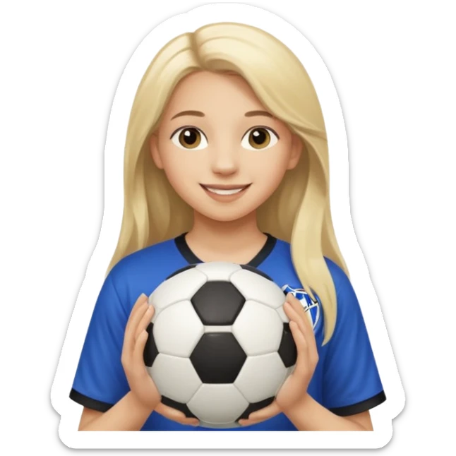 A girl with long light blonde hair with make-up on that looks around 13 years old with a soccer ball sticker