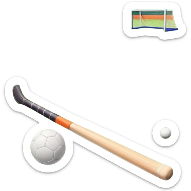 A field hockey stick and ball on a vibrant green grass field, with goalposts and clear field markings in the background. The scene emphasizes the bright, lush grass, highlighting the fast-paced and strategic nature of hockey on a well-maintained pitch. sticker