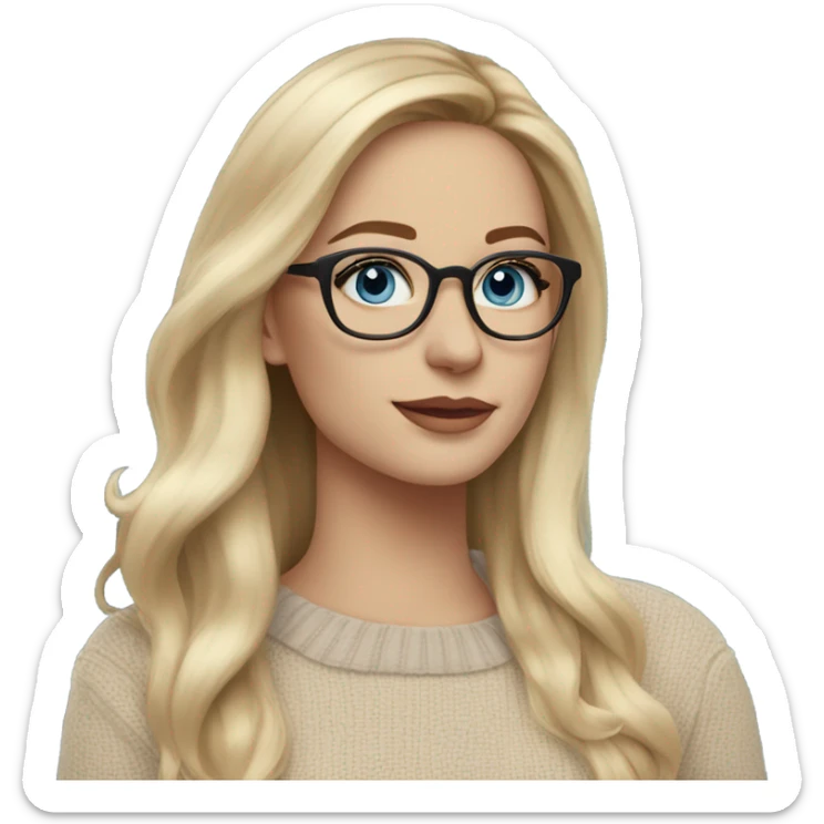 Photo Side profile Blonde balayage long hair white women beige sweater blue eyes fake lashes wearing glasses  sticker