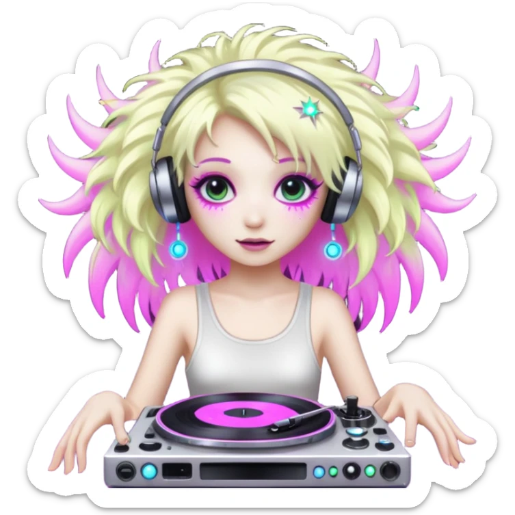  hard-techno-rave-fairy,-holding-a-dj-turntable,-wild-hair,-neon-sparkles,-minimal-background sticker