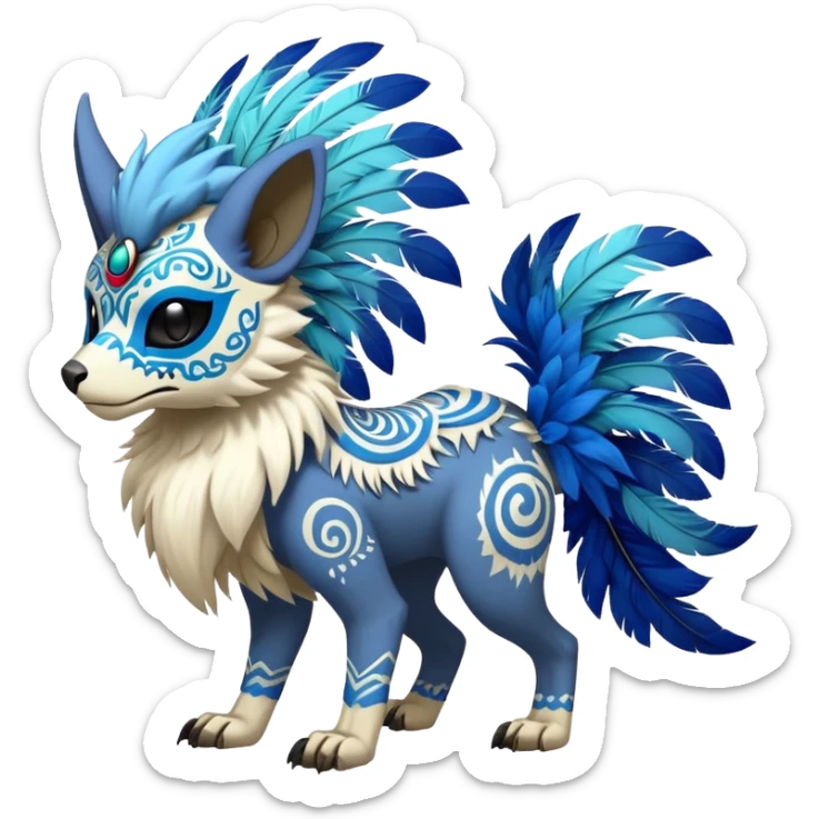Furry cute colorful exotic tribal feral anime-styled Fakémon-Pokémon-animal-creature with a skull mask, and a feather-mane-collar, and blue feathers, no ears, earless, long furry tail, 4 legs, (full body), with intricate pattern-markings sticker