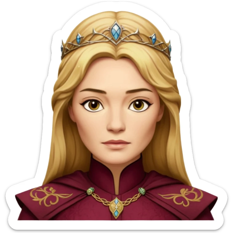Cinematic Realistic Cersei Lannister Portrait, depicted with lifelike skin texture, subtle rosy undertones, and soft natural lighting that enhances the gentle contours of her face. Her intricately detailed golden blonde hair is elegantly styled , sticker