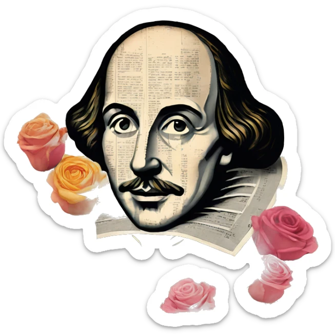 Shakespeare person made of newspaper cuttings wearing flowers,  collage of intricate patterns, roses flowers sticker