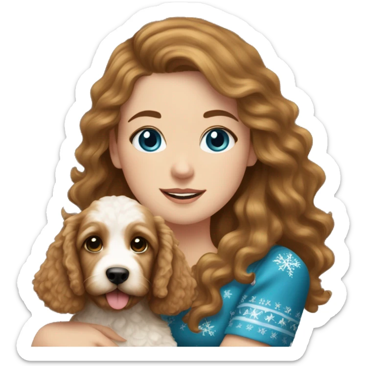 white girl with long brown hair and blue eyes wearing a christmas dress, holding a golden doodle puppy sticker