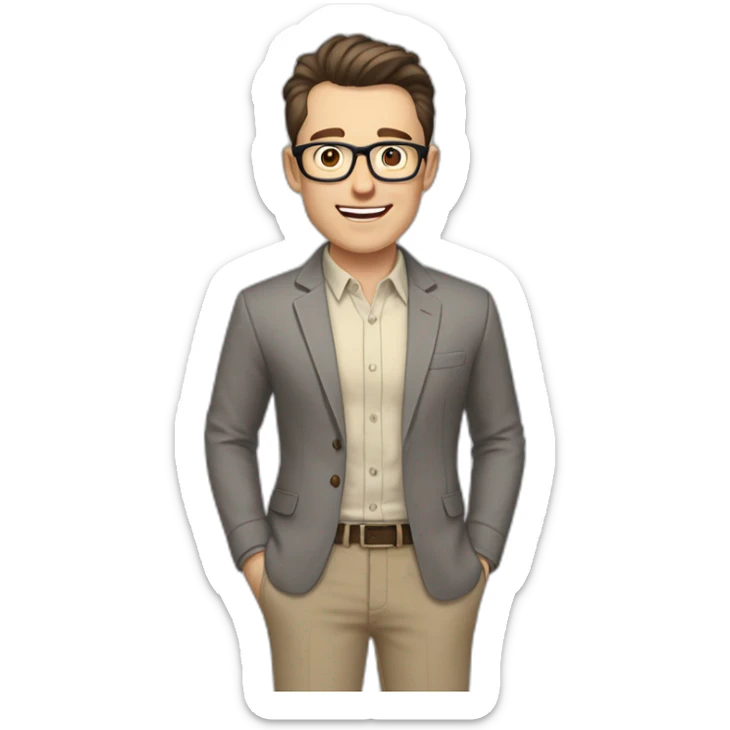 Joyful Pale skinned Fit Man With dark brown hair in gray jacket, beige office shirt, Brown pants and vintage glasses. His thrumbs up sticker