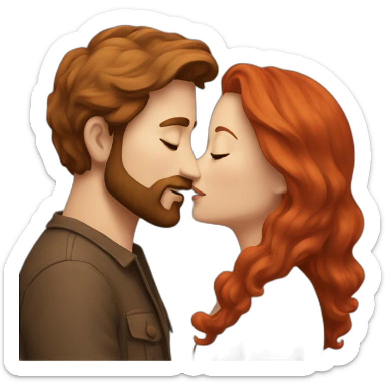 a bearded man with brown hair kissing a woman with red hair sticker