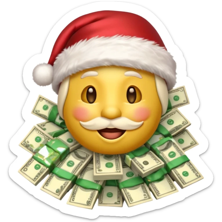 A rich happy emoji face in Santa hat, covered in money, cash stacks and flying dollar bills, Christmas mood, New Year festive style, glossy 3D emoji, vibrant colors, high detail, no text, isolated, transparent background sticker