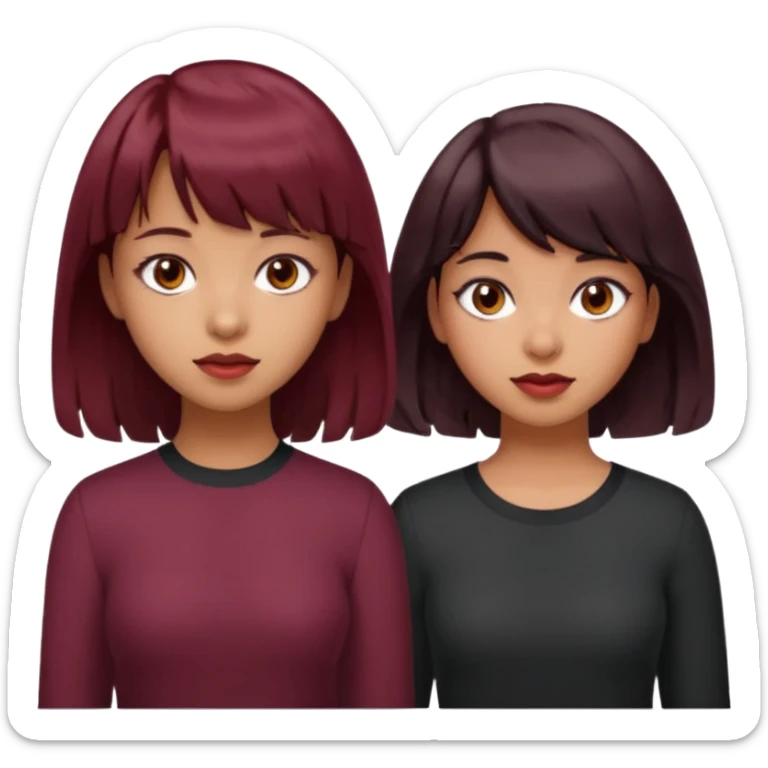 2 girls both tan skin. One with short length wavy burgundy hair, bangs and brown eyes, the other with medium length black hair with brown eyes  sticker