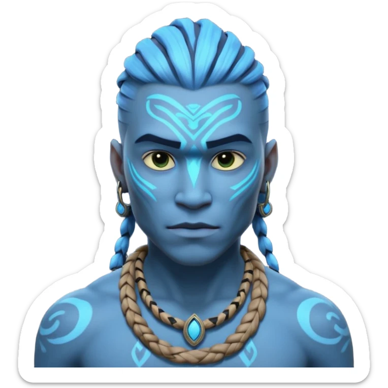 avatar-style Na’vi male portrait, head and shoulders only, blue skin, bioluminescent markings, strong face features, braided hair, tribal necklace, heroic expression, 3D cartoon, mobile game icon style, clean background, no text, no watermark
 sticker