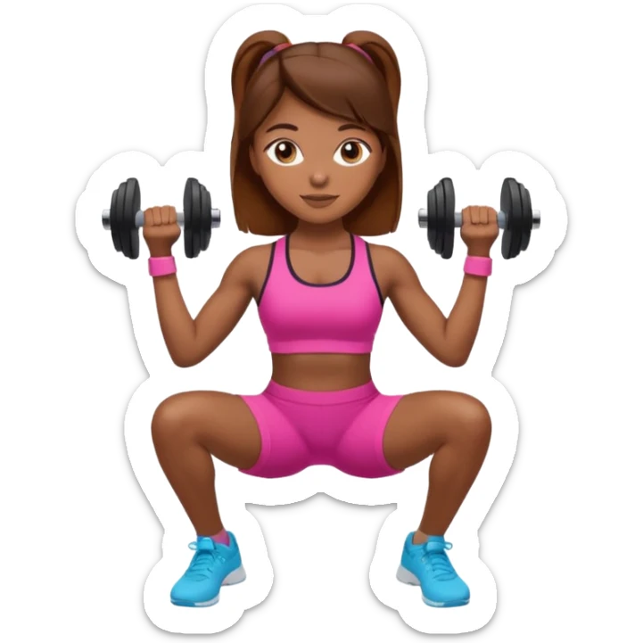 workout girl with brown hair, lifting dumbbells, sporty attire, emoji style sticker