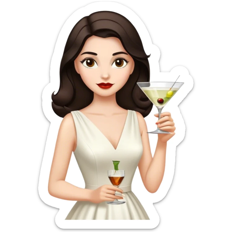 Beautiful woman in 1950’s woman fashion look, white dress, long dark brown hair, martini  sticker