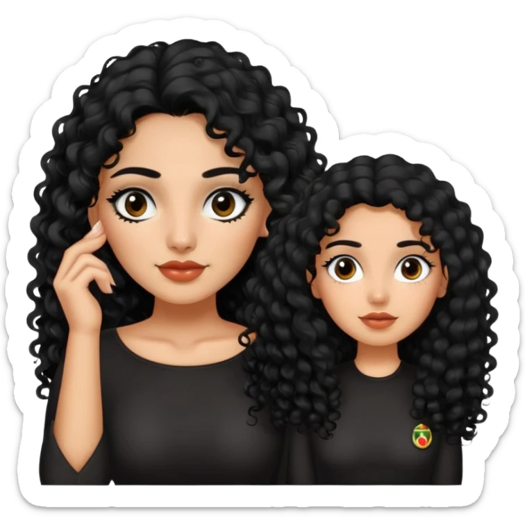 Mujer hermosa de cabello rizado largo color negro, ojos negros, con un lunar debajo del ojo izquierdo y también un lunar arriba de la ceja izquierda, mexicana con una blusa color negra sticker