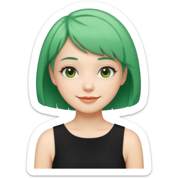 Girl with Mint Bob Cut – short green hair, cheerful smile, black dress sticker