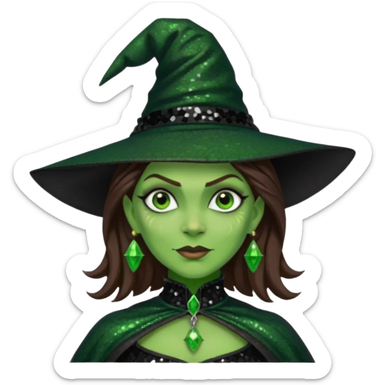 The Wicked Witch from Oz with green skin, brown hair, black sequin outfit sticker