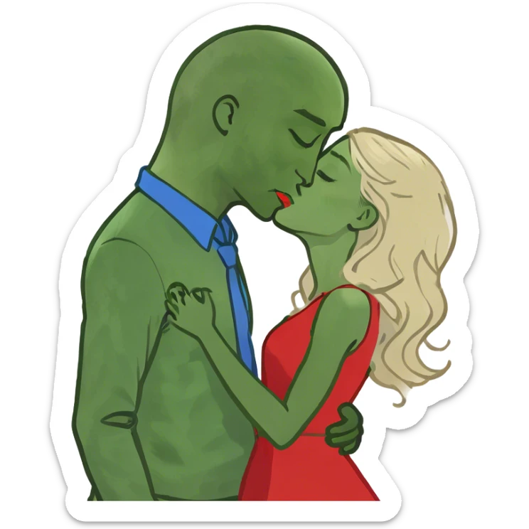 Girl with long blonde hair of a couple kissing give the guy brown and white mixed hair sticker