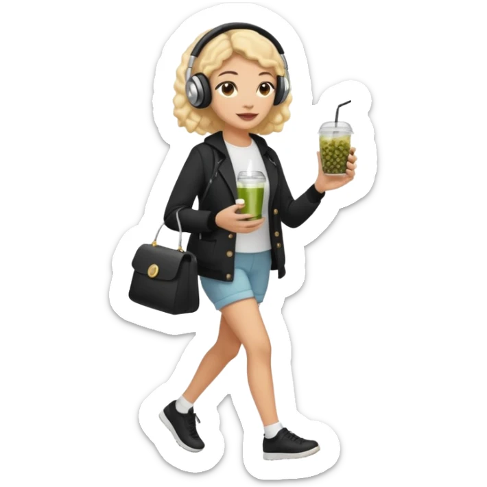 a young woman full length walks with headphones on with a caviar sandwich in one hand and herbal tea in the other hand sticker