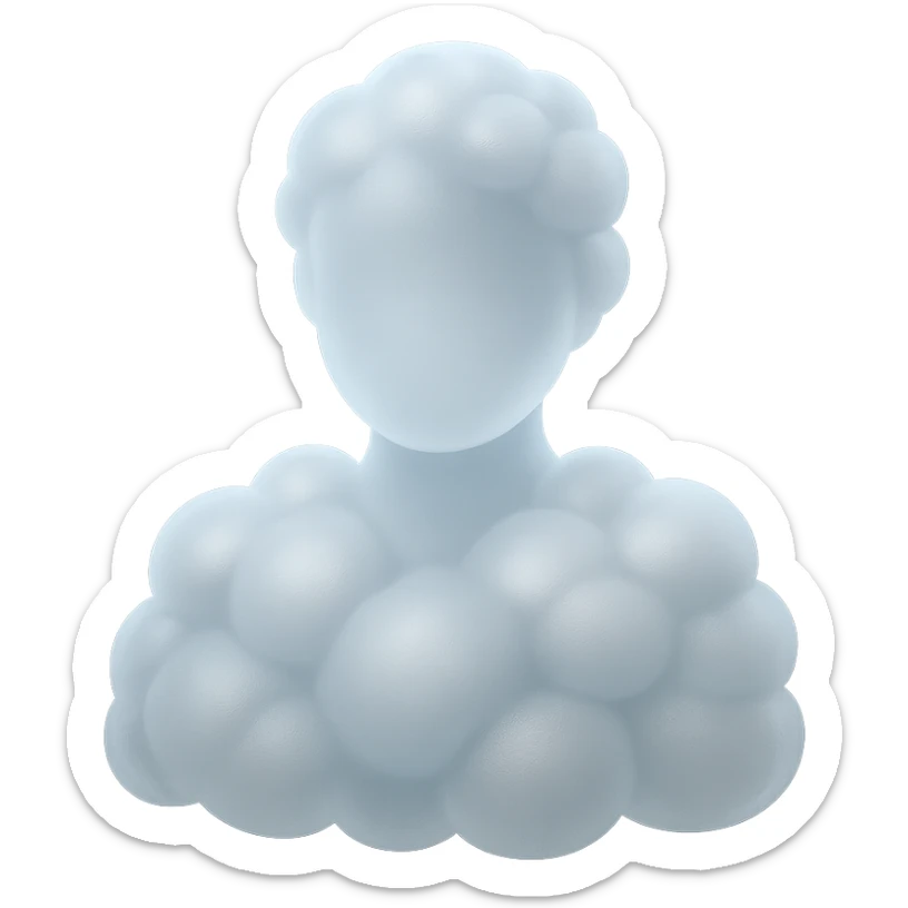shoulder-up person fully composed of white fluffy convex clouds, matte glass style sticker
