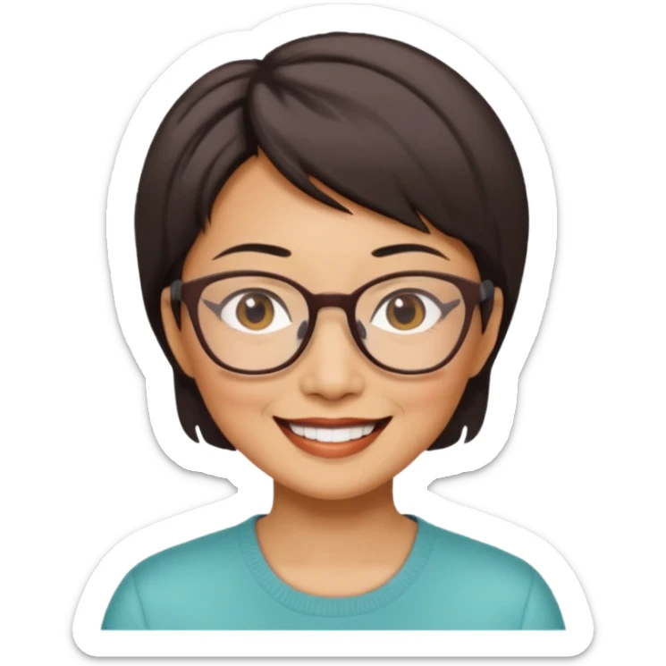 a middle-aged Asian woman with short hair wearing glasses and an impression sticker