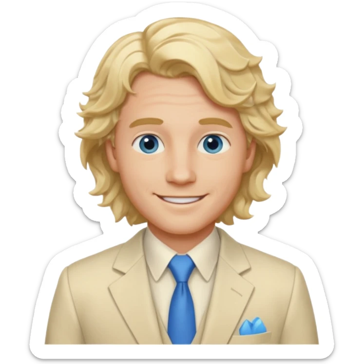 Tom Bryant from Summer of Fear with blonde wavy hair, blue eyes, cream suit sticker
