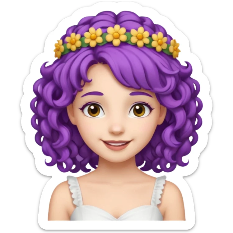 Princesses with Flower Crown in curly Purple Hair, white dress sticker