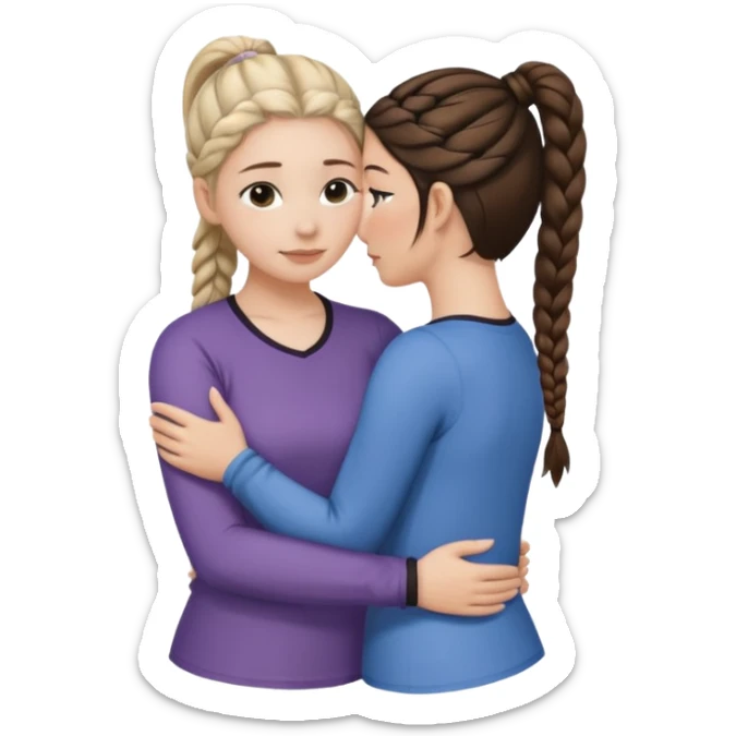 Comforting Hug two white skin women, one shorter woman with medium brown simple top ponytail, not braided, and one taller woman with a single long black side braid sticker