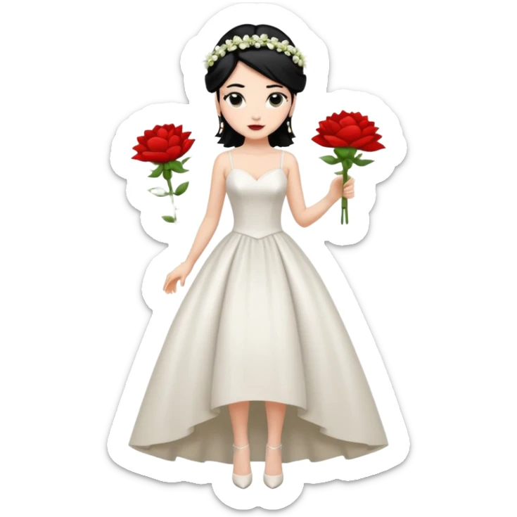 Chica blanca,cuerpo entero, vestido boda tirantes finos, pelo negro recogido con mechones y zapatos tacon y 1 flor en la cabeza sticker