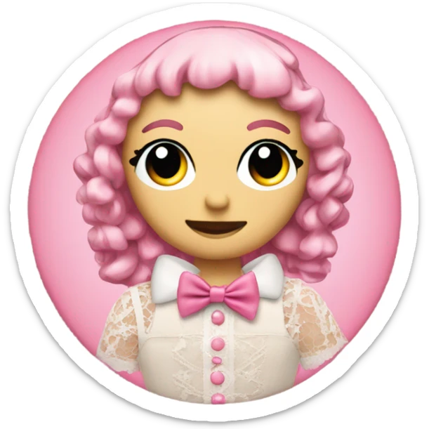 collage of an emoji of a doll with a colour theme of pink, a cd, a bow, lace, and a needle sticker