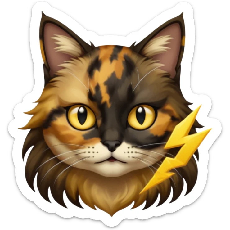 long hair tortoiseshell cat with a black face, white neck and yellow lightning mark above left eye sticker