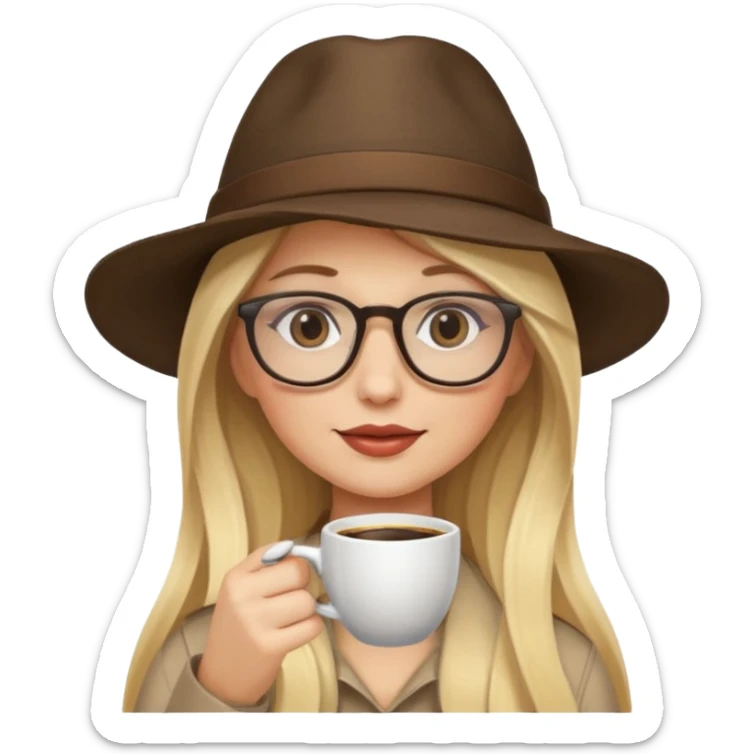 long hair blonde woman drink coffe with hat and glasses sticker