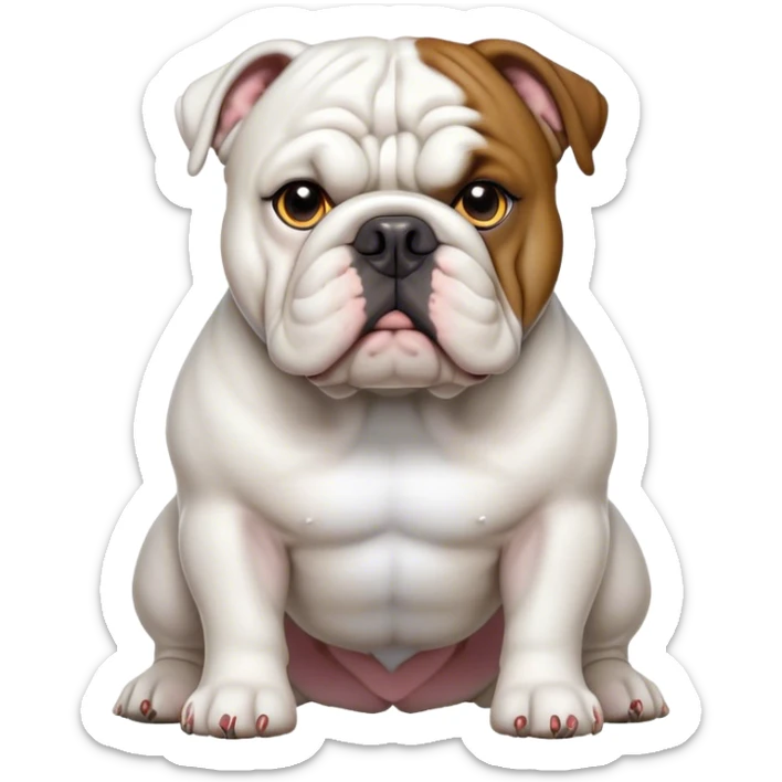 Cinematic Noble White English Bulldog Portrait Emoji, Poised and regal, with a sturdy, muscular build and a pristine, well-groomed pure white coat, deep-set soulful brown eyes, Simplified yet sharp and sophisticated features, highly detailed, glowing with a soft, dignified glow, high shine, intelligent and resolute, stylized with an air of authority, focused and attentive, soft glowing outline, capturing the essence of a watchful and confident guardian, so majestic it feels as though it could lumber out of the screen with effortless authority! sticker