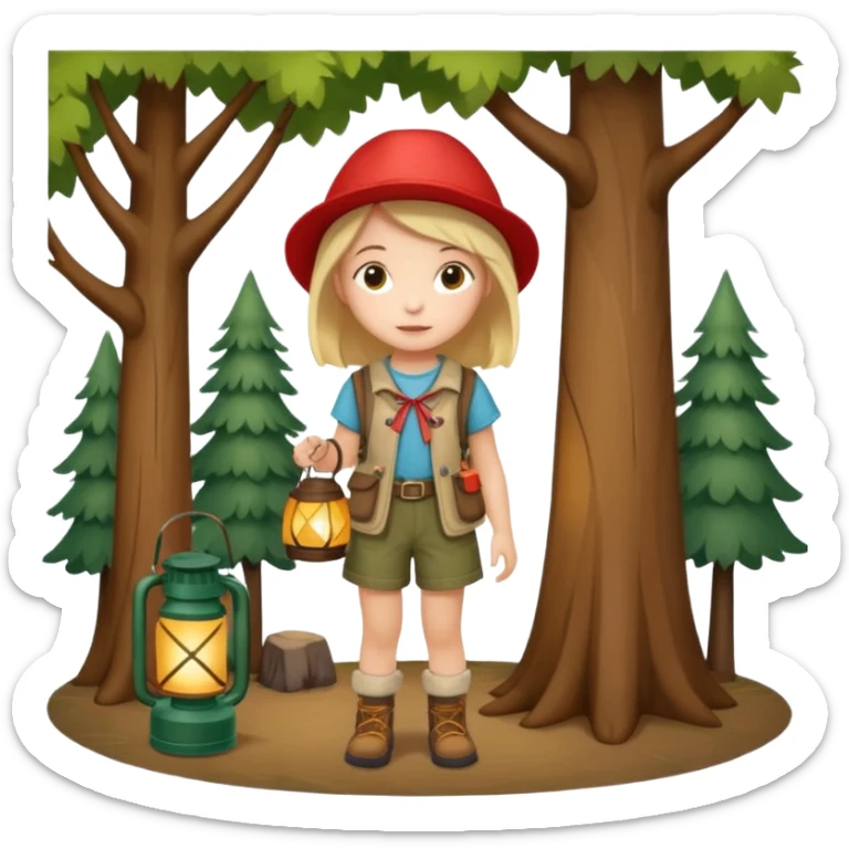 Adorable little girl in camping attire standing beside a tree holding a lantern, looks like it is made of felt texture, scrapbooking style, transparent background sticker